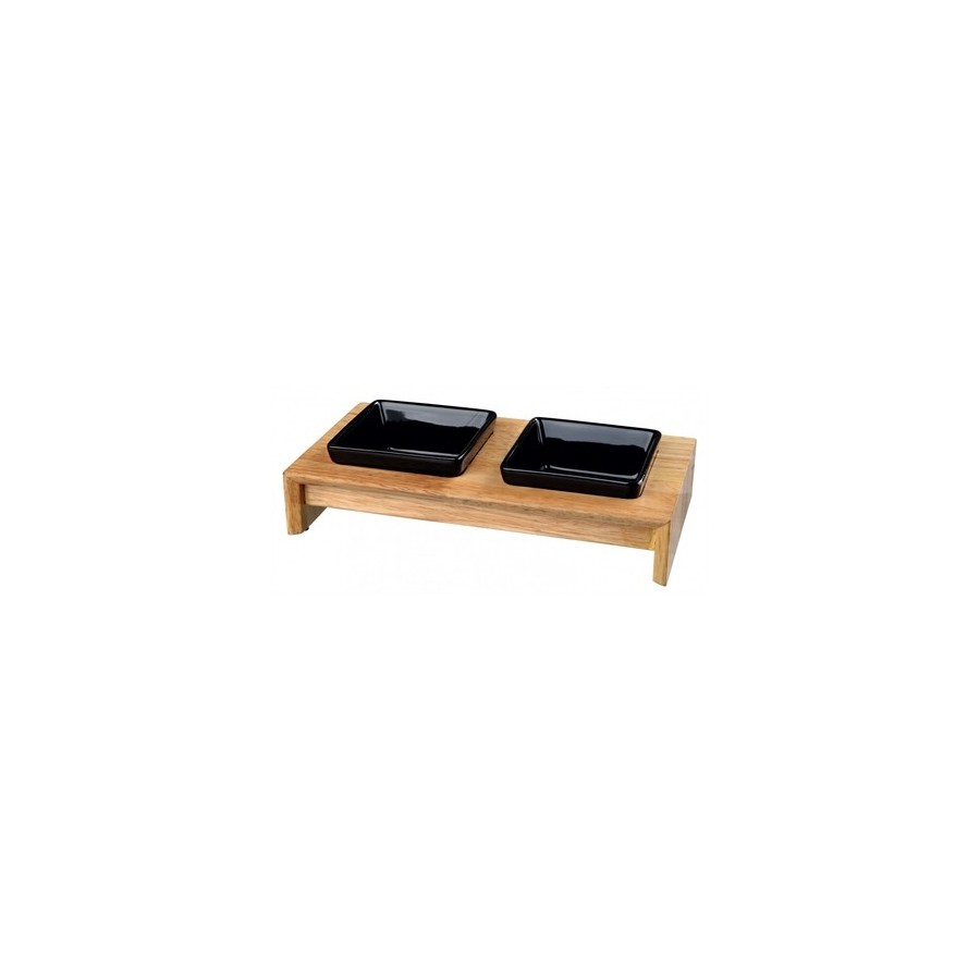 Trixie Voerset Keramiek Met Houten Onderstel Zwart 200 ML 28X15X5 CM