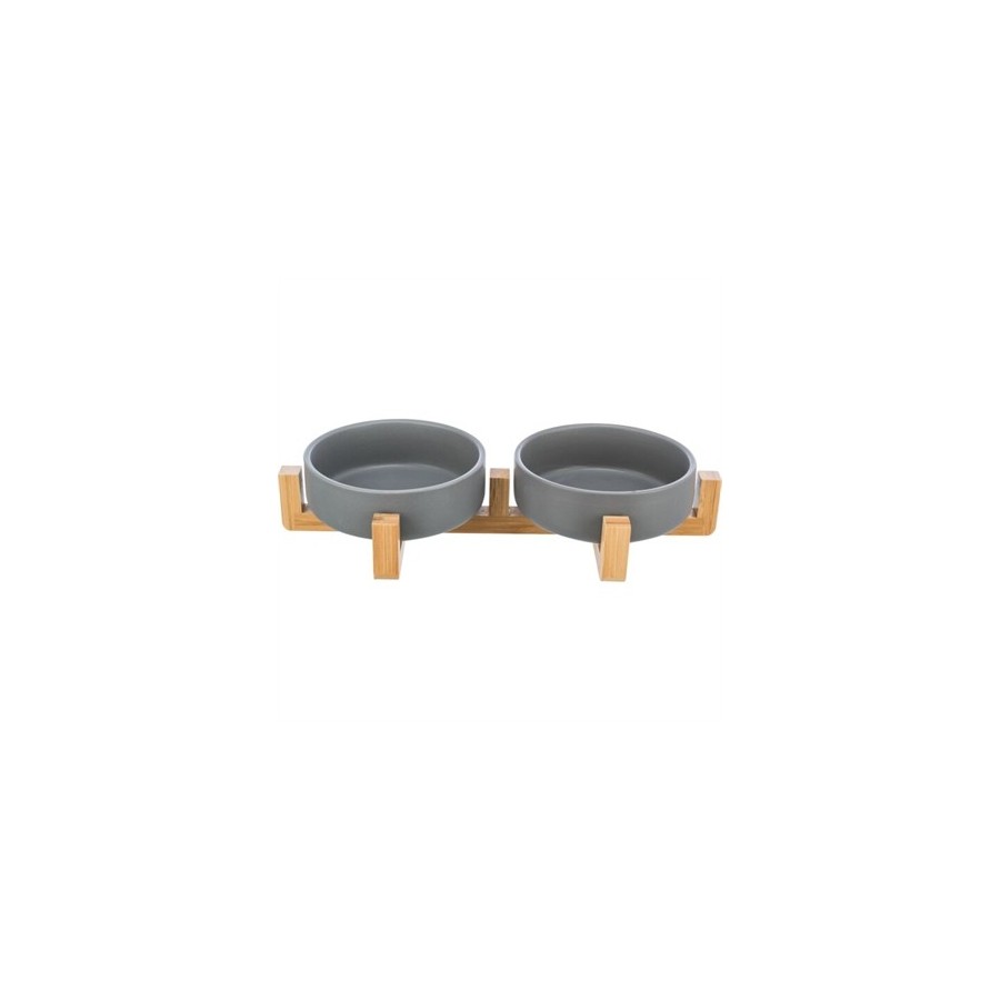 Trixie Voerbak Drinkbak Set Keramiek Grijs / Hout 31X16X6 CM 2X300 ML