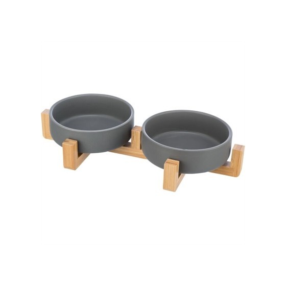 Trixie Voerbak Drinkbak Set Keramiek Grijs / Hout 31X16X6 CM 2X300 ML