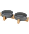 Trixie Voerbak Drinkbak Set Keramiek Grijs / Hout 31X16X6 CM 2X300 ML