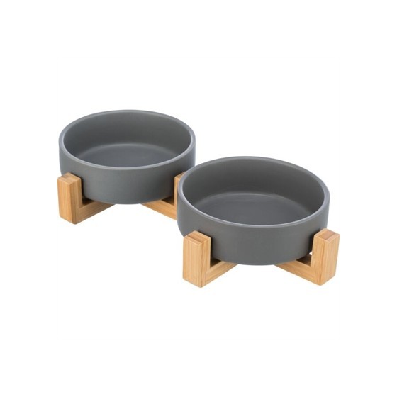 Trixie Voerbak Drinkbak Set Keramiek Grijs / Hout 31X16X6 CM 2X300 ML