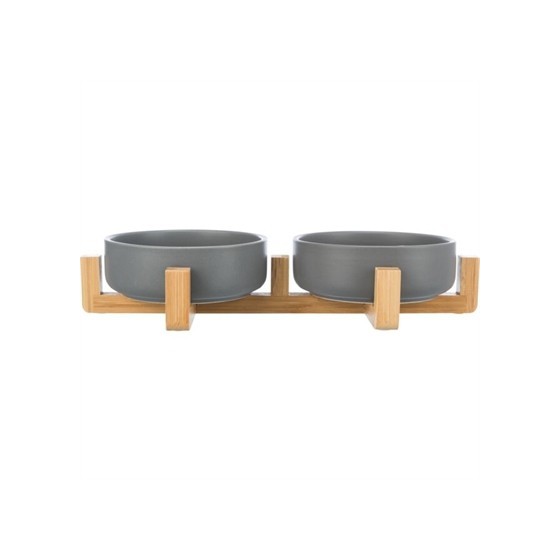 Trixie Voerbak Drinkbak Set Keramiek Grijs / Hout 31X16X6 CM 2X300 ML