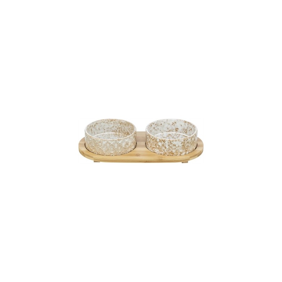 Trixie Set Voerbak / Waterbak Keramiek / Bamboe Wit / Natuur 2X300 ML 30X6X15 CM