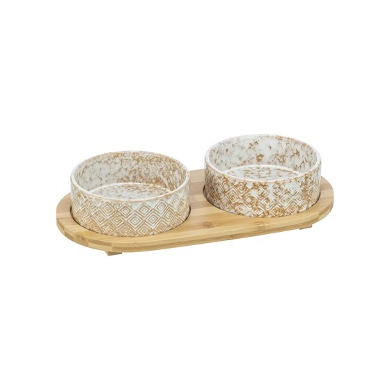 Trixie Set Voerbak / Waterbak Keramiek / Bamboe Wit / Natuur 2X800 ML 39X8X20 CM