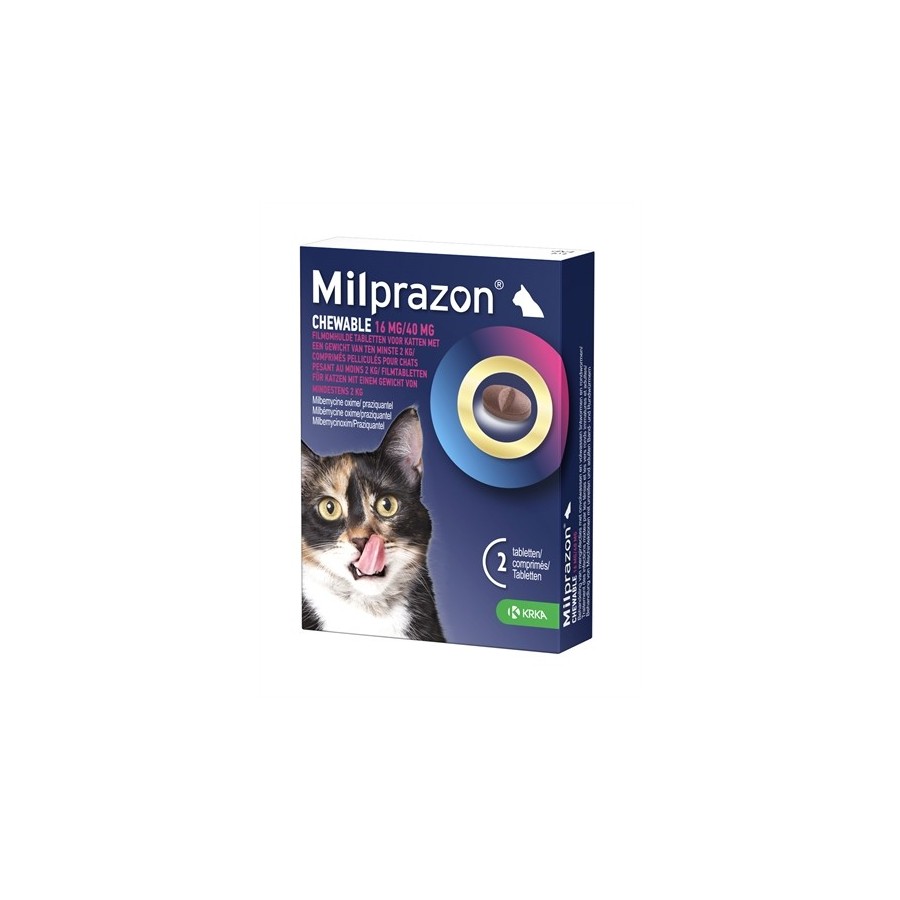 Krka - Milprazon Kauwtabletten Ontwormingstabletten Kat, 2kg 16mg/40mg 2tbl