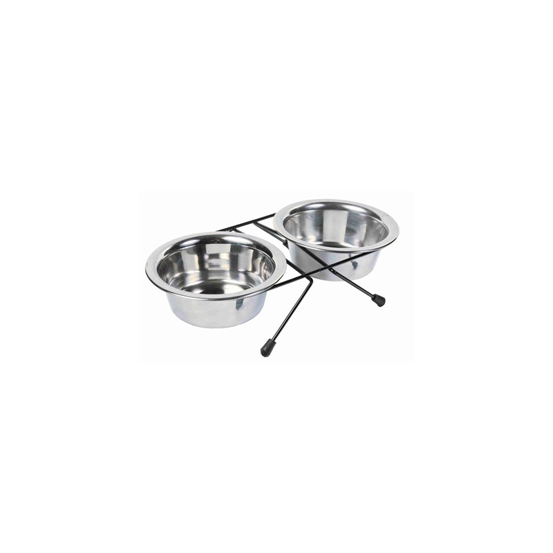 Voer- en Waterbakset RVS, standaard met 2 bakjes 13cm